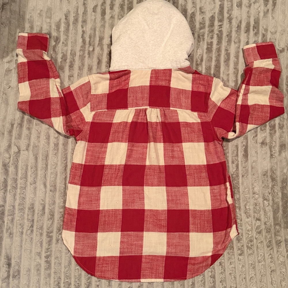 American Eagle Red Buffalo Plaid Hooded Flannel Shirt Sherpa Lined Hood Small - Picture 6 of 6
